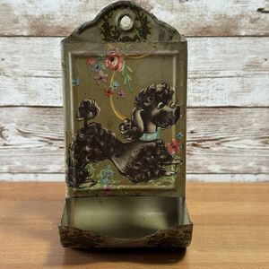 Vintage 1950s Poodle and Flowers Metal Tin MatchBox Wall Holder